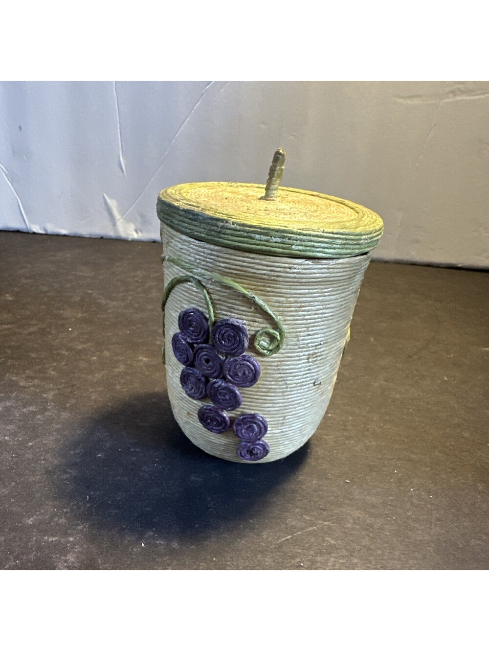 Vintage Made in Japan Glass Jar Rattan Woven Grape Decor Lidded Canister